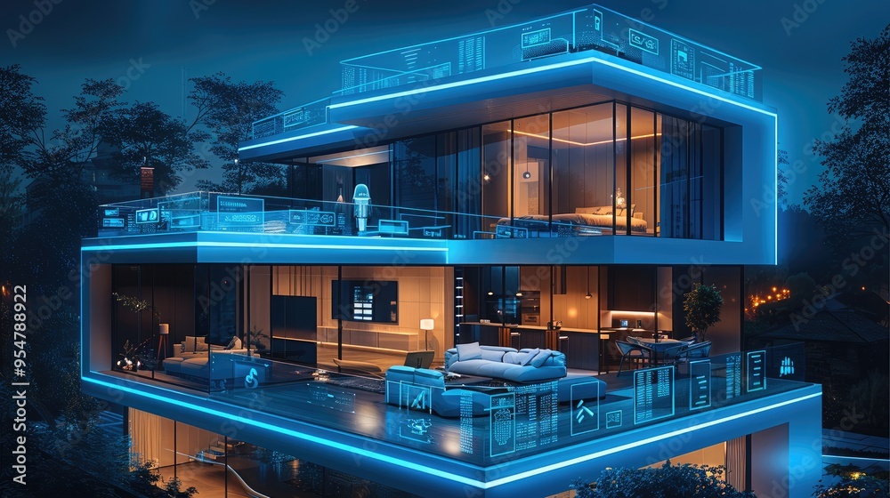 Poster A modern home with multiple connected devices, such as an AI-powered security system and smart lighting, depicted in blue digital lines on top of the house, symbolizing energy performance.