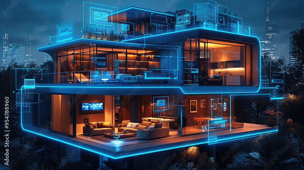 Aufkleber A modern home with multiple connected devices, such as an AI-powered security system and smart lighting, depicted in blue digital lines on top of the house, symbolizing energy performance.