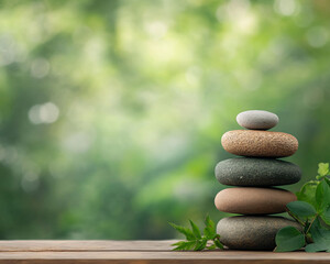 A stack of rocks on a wooden table with green leaves in the background. The arrangement of the rocks creates a sense of balance and harmony