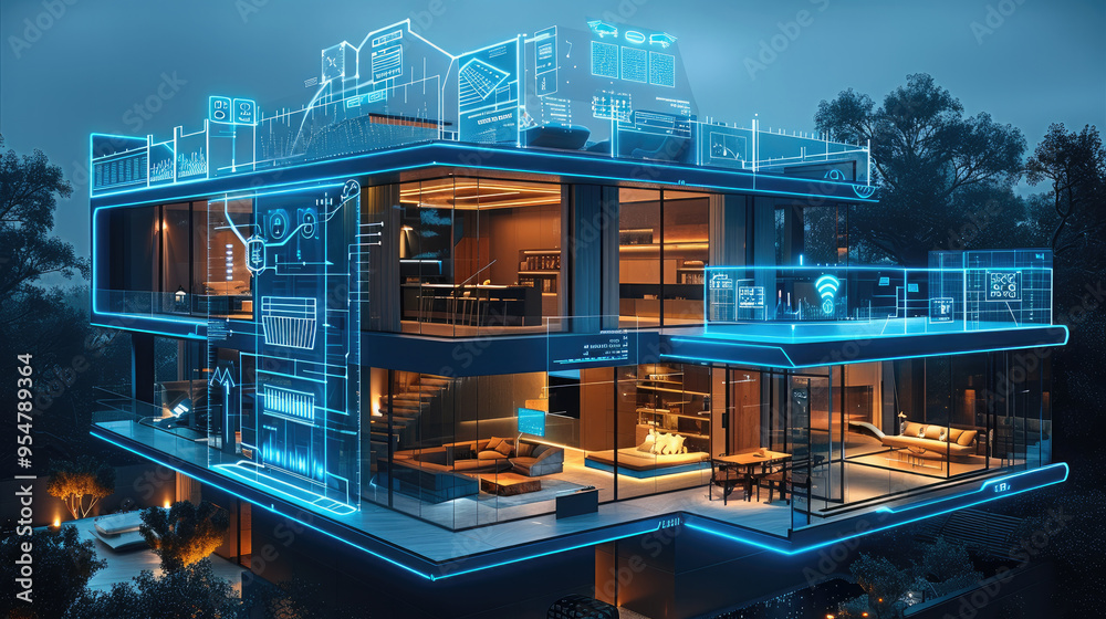 Poster A modern home with multiple connected devices, such as an AI-powered security system and smart lighting, depicted in blue digital lines on top of the house, symbolizing energy performance.