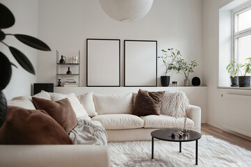 Two empty mockups, black frames. Din A ratio of blank on white trendy background in scandinavian style. Poster frame mock up above sofa in modern elegant living room interior with coffee table, plants