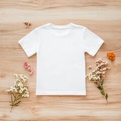 White kids' T-shirt on a light wooden floor with scattered flowers, Kids T-Shirt Mockup, Fresh and natural setting