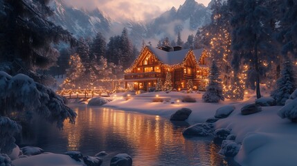 Fototapeta premium A cozy wooden cabin decorated with holiday lights, set amidst a snowy forest.