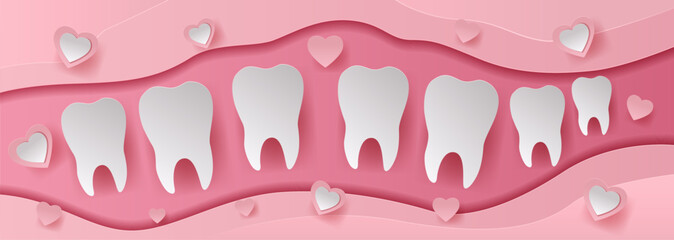 Teeth and hearts paper cut style illustration pink background dental theme white teeth and hearts scattered abstract wavy layers