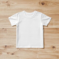White kids' T-shirt with rolled sleeves on a light wooden surface, Kids T-Shirt Mockup, Clean and minimalist display