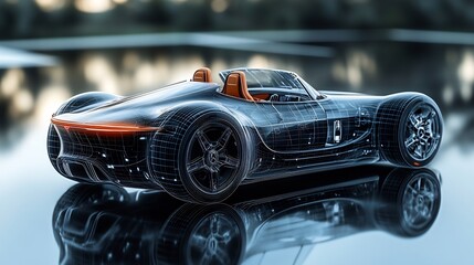 Futuristic vehicle blueprint aerodynamic design electric propulsion advanced safety features lightweight materials and ergonomic interiors