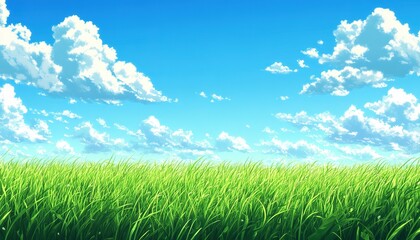 Fototapeta premium Lush Green Grass Field Under a Blue Sky with Fluffy Clouds