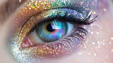 Sparkly rhinestones and artistic makeup accentuate a close-up of an eye, symbolizing the fusion of beauty and creative innovation.