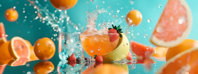 Vibrant citrus and strawberry splash in water with a tropical theme