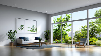 Fototapeta premium Modern living room with large windows overlooking lush greenery, featuring minimalist furniture and natural light for a serene ambiance.
