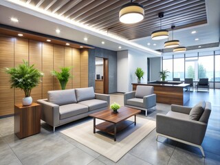 Fototapeta premium A modern office reception area boasts comfortable seating, sleek furniture, and a warm ambiance, creating a welcoming
