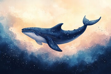 A blue whale swimming gracefully among ocean flora in a vibrant underwater setting