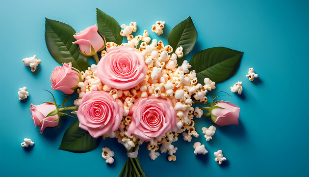 Pink Roses Bouquet with Popcorn and Leaves on a Blue Background- A creative bouquet of pink_1(301)