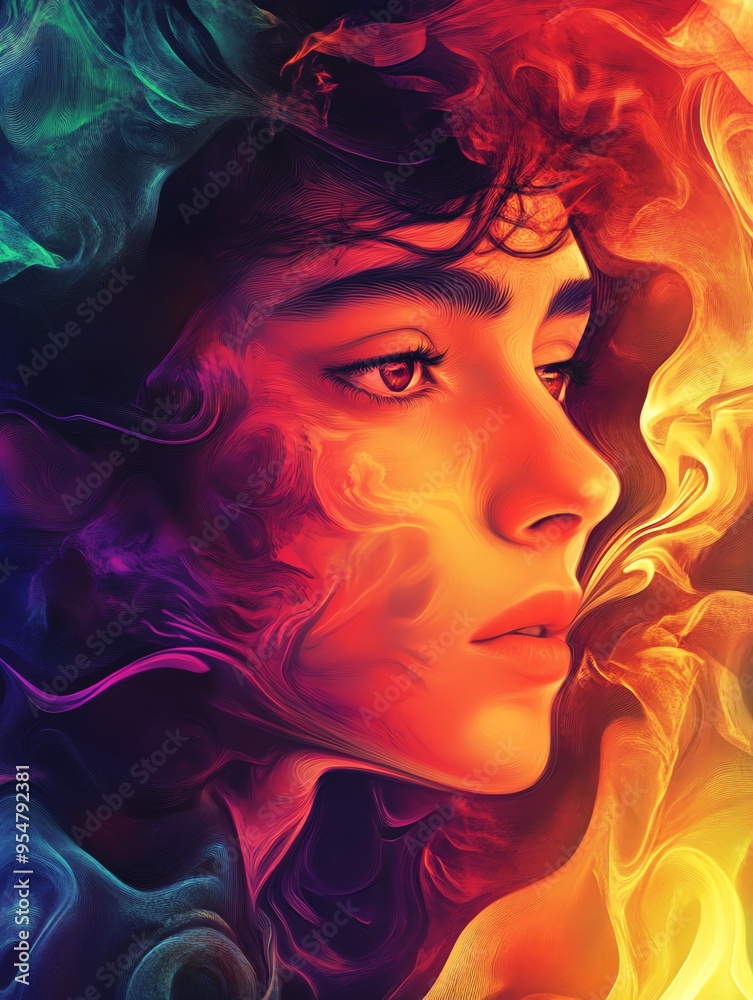 Wall mural Surreal Portrait of a Woman with Vivid Abstract Colorful Smoke Effects