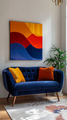 A modern, low-profile sofa in navy blue velvet, set against a crisp white wall with a large, abstract canvas artwork in bold colors, creating a striking visual contrast.