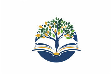 round logo emblem with an open book and a tree on a white background. A symbol for a bookstore, library, school and education



