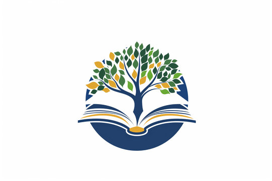 round logo emblem with an open book and a tree on a white background. A symbol for a bookstore, library, school and education


