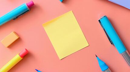 Back to school concept. A yellow color post it paper and blue pencils on peach color background with copyspace.