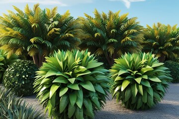 Fototapeta premium Vibrant 3D Visualization of Rhapis Excelsa Plants Surrounded by Lush Tropical Foliage