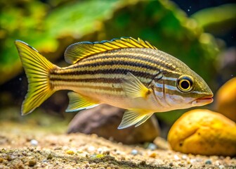 Obraz premium a photo image of a small, yellowish-brown fish with vertical stripes, native to Lake Tanganyika, Tanzania, swimming in a rocky, sandy habitat.