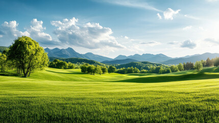 A picturesque green landscape with rolling hills, lush grass, and distant mountains under a partly cloudy sky, embodying natural beauty.