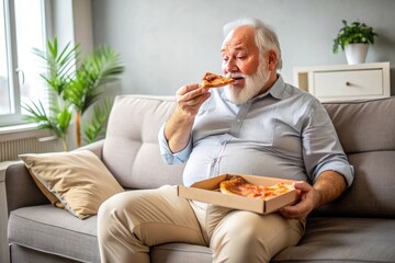 An elderly fat man eats pizza at home