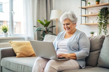 A plus size woman is sitting in a bright room and working on a laptop