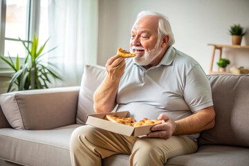 An elderly fat man eats pizza at home