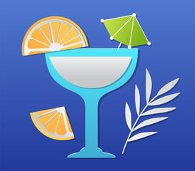 Cocktail glass with orange slices and umbrella tropical drink elements on blue background paper cut style
