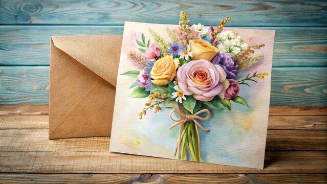 Photo image of a warm and cozy handcrafted card with a customized watercolor illustration of a bouquet flowers in pastel colors.