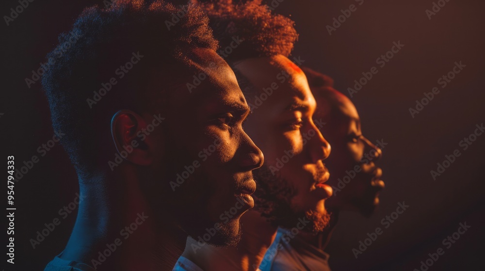 Poster three men with shaved heads and beards stand in a line