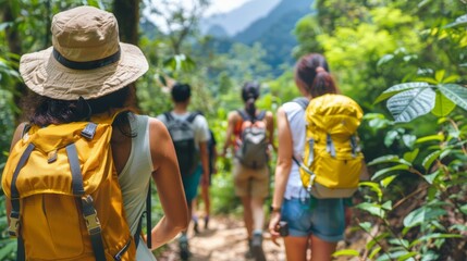 Group of Friends Enjoying a Scenic Hike Through Lush Tropical Rainforest on a Sunny Day