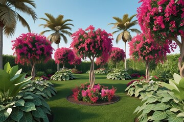 Fototapeta premium 3D Model of Bougainvillea Glabra Tropical Design Featuring Vibrant Blooms and Scenic Panorama