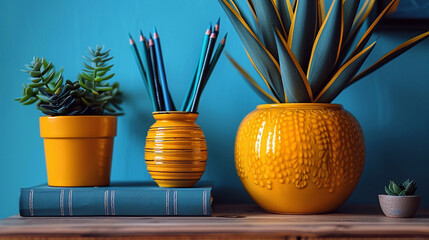 Back to school concept. Minimalistic picture of a desk with houseplants in yellow color pots, grey and yellow color book on the wooden table.