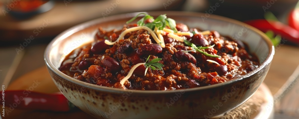 Wall mural Spicy chili con carne in bowl, 4K hyperrealistic photo