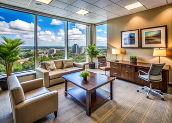 A professionally designed office space in Orlando, boasting a modern aesthetic and plush furnishings, perfect for