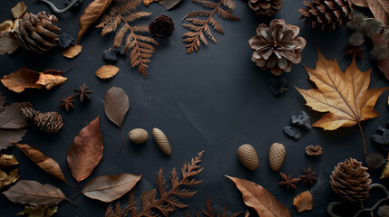 Rustic autumn foliage, pine cones, and dry branches on dark textured surface. Top view of natural seasonal decor and fall atmosphere