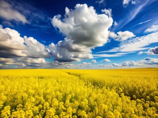 Obraz premium A vast expanse of golden canola sways gently in the breeze, set against a brilliant blue sky with puffy white clouds drifting lazily by.