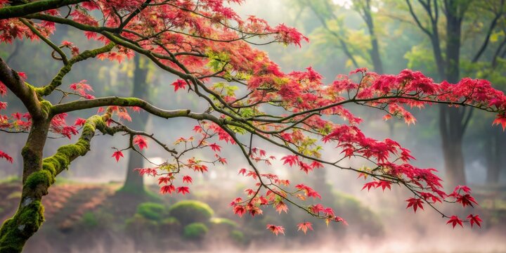 A photo image of a rosey maple tree with delicate, curling leaves and small crimson flowers emerging from its branches against a soft, morning mist.