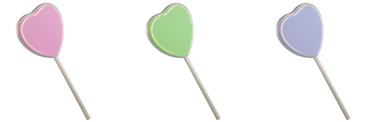 3D, Png, Set of assorted heart shape lollipops isolated on a white background, Pink, Milky Green, Milky Purple, Y2k Candy