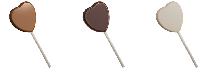 3D, Png, Set of assorted heart shape lollipop chocolates isolated on a white background, Dark, Milk, White, Y2k Candy