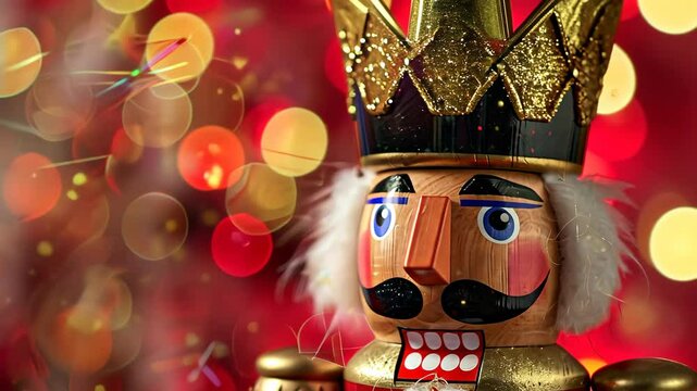 Colorful nutcracker ornament shines against a festive red backdrop in holiday celebration decor