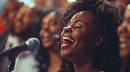 Fototapeta premium A woman singing into a microphone with a group of people around her