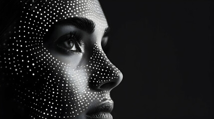 Woman With Face Made Lines And Dots. Liftin