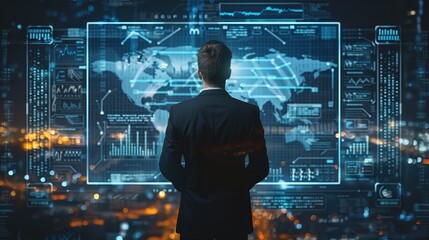 Businessman with technology hologram chart and graph. Generative AI.