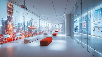 The guest area, Multiple interactive touch booths are placed against a large canvas wall with a digital city theme, the space also has comfortable coffee table seats and large exhibit cabinets.