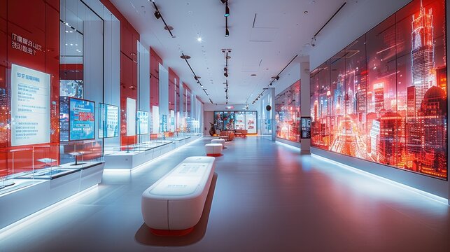 The guest area, Multiple interactive touch booths are placed against a large canvas wall with a digital city theme, the space also has comfortable coffee table seats and large exhibit cabinets.