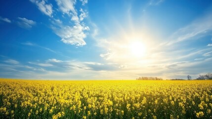 Fototapeta premium Blossoming rapeseed field with beautiful sky in spring with generative ai
