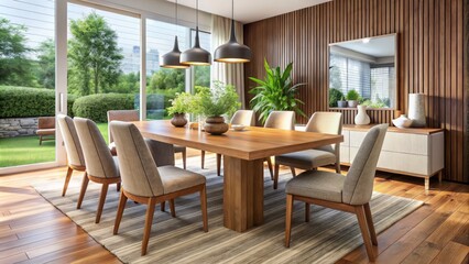 A sleek, modern wooden dining table partnered with plush chairs and a refined centerpiece, fostering a sense of
