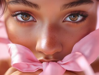 Photorealistic Close-Up of a Woman's Face with Delicate Pink Ribbon and Captivating Eyes